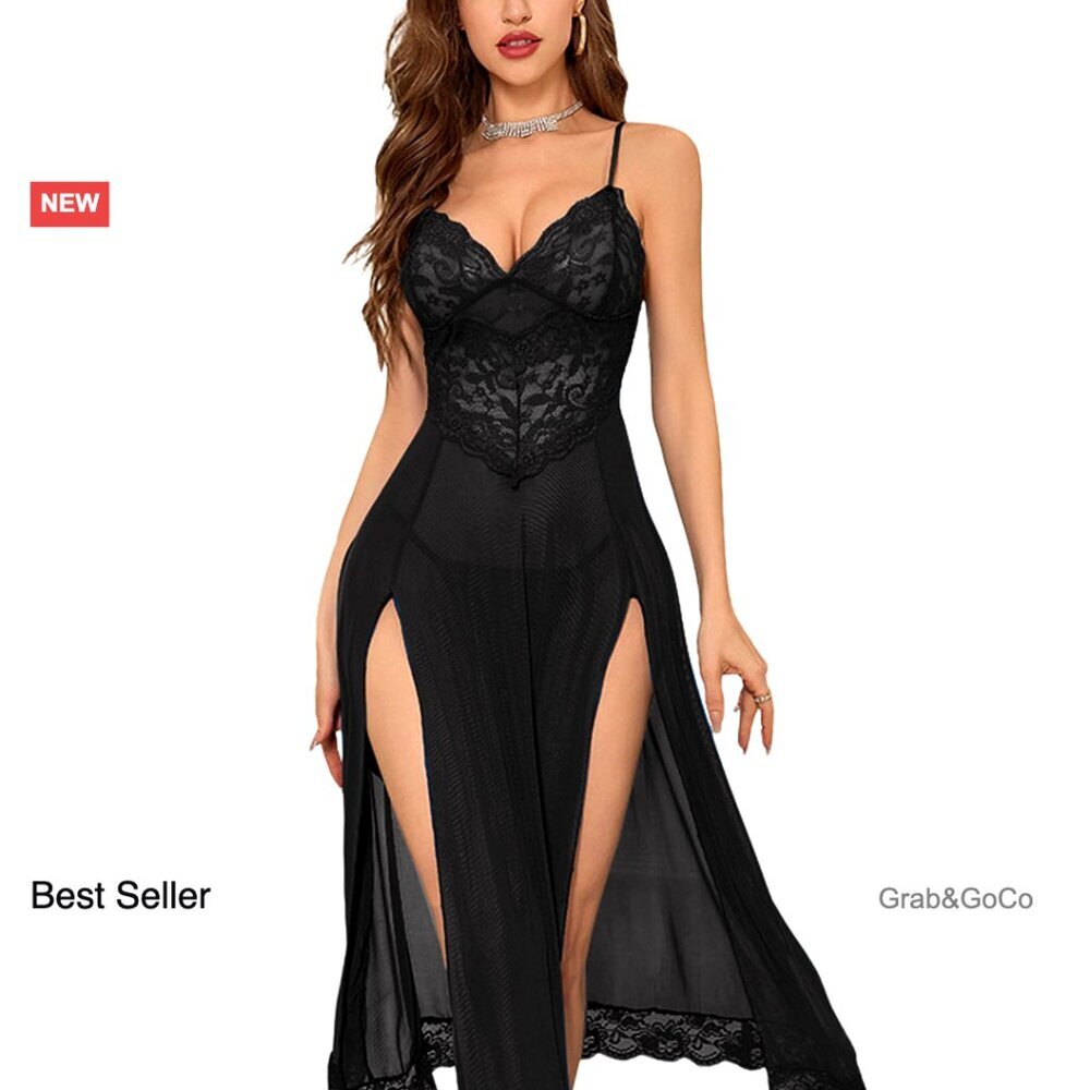 Mesh Lace Floral Sheer Babydoll Lingerie Dress Thong Set Sexy Elegant